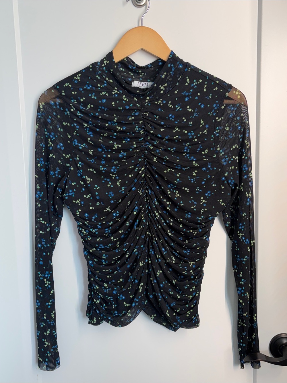 AFRM Mesh Black Floral Ruched Long-Sleeve Top